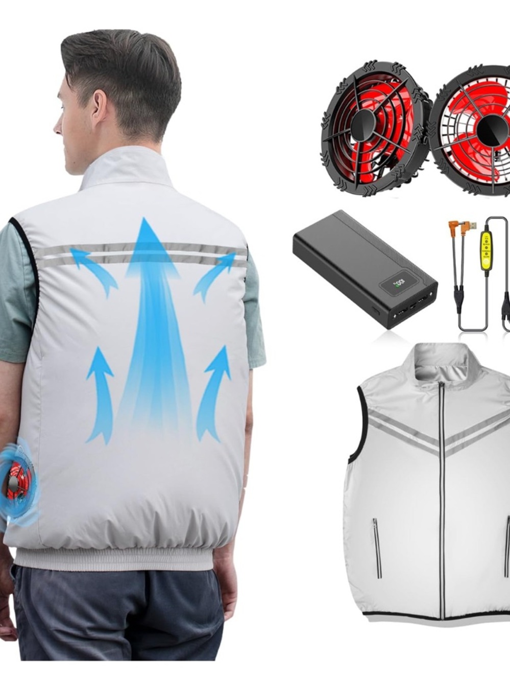 Men's White Cooling Fan Vest with Battery Pack size Xl
